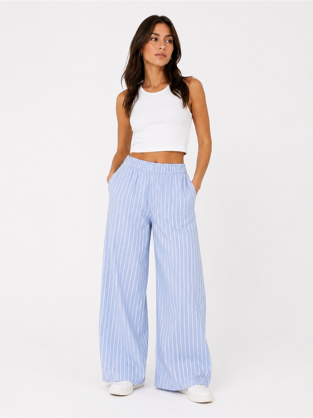 Hollister Sleep Blue White Stripe Poplin Pants Small Wide Leg Elastic Waist